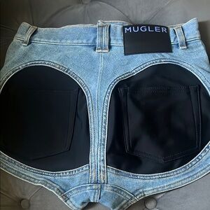 Mugler Blue and Black Jean Shorts with Geometric Design